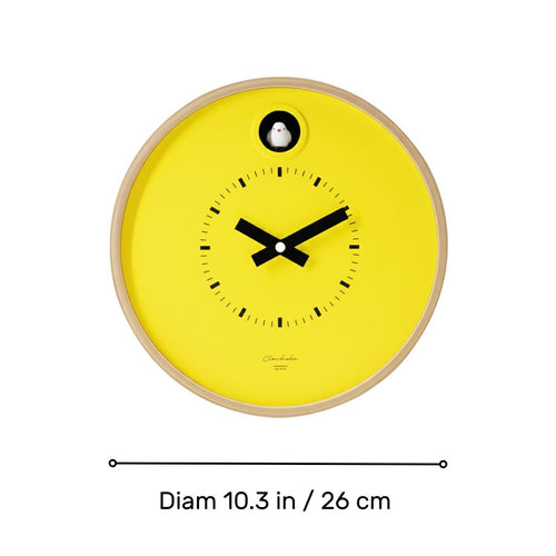 Preorder - Dot Yellow Cuckoo Clock with minimalist black hands, bright yellow face, and Dutch Design functional art style.