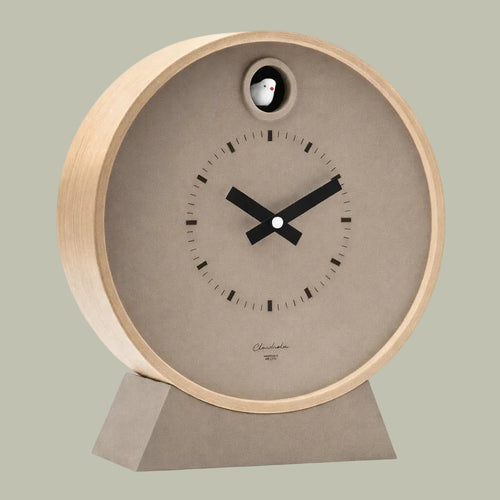 Preorder - Dot Taupe Cuckoo Clock with minimalist taupe face, wooden frame, and small white bird, Dutch Design, Functional Design.